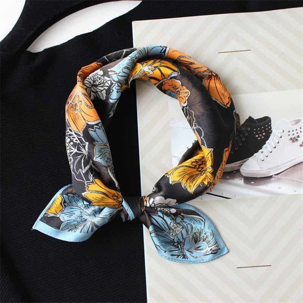 

pure silk scarf women floral print square scarves wraps silk foulards head neckerchief hijab tie bandana 53x53cm, Blue;gray