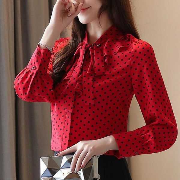 

blusas femininas shirts 2019 ladies long sleeve button bow white clothing polka dot v-neck blouse for women 0226