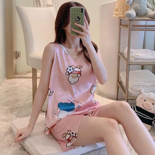 

women's sleepwear -5xl large size women's summer v-neck fashion ladies sleeveless pajamas cute printed for women home clothing1, Black;red