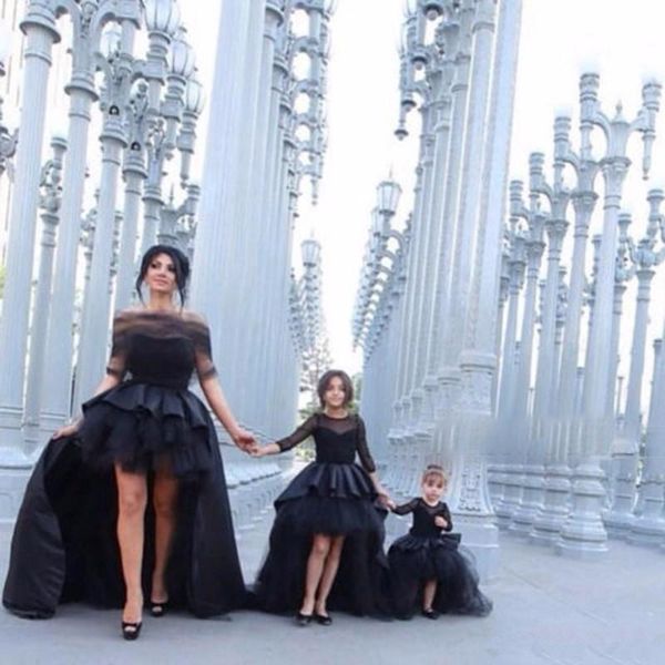 

kids black hi-lo long sleeve girl's pageant dresses flower girl dresses with bow for wedding party birthday princess gown lj201111, Blue