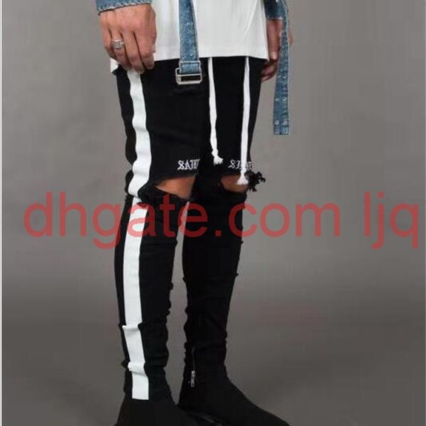 

new fashion mens jean street black holes white stripes jeans hiphop skateboard pencil pants, Blue