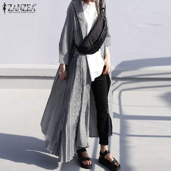 

zanzea fashion plaid checked cardigan women long shirt kimono summer 3/4 sleeve buttons down blouse casual cover up tunic 7, White