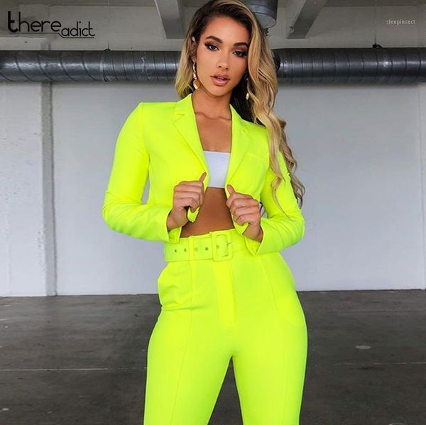 

thereadict casual women suits office sets fluorescence neon green suit women 2020 crop and pant suits for blazer set1, White