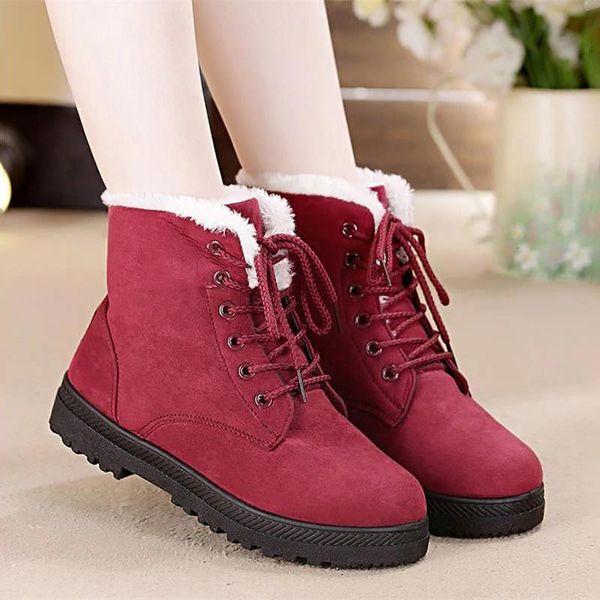 

snow boots 2020 warm fur plush insole women winter boots square heels flock ankle women shoes lace-up winter shoes woman, Black