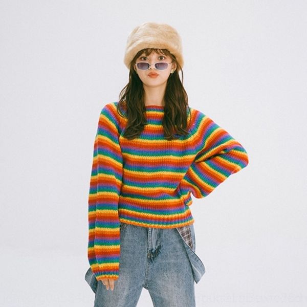 

qiuky napping homemade loose and lazy tcovf elegant and sweaterwomen rainbow stripe sweater spring sweater autumn 2020 new wind, White;black