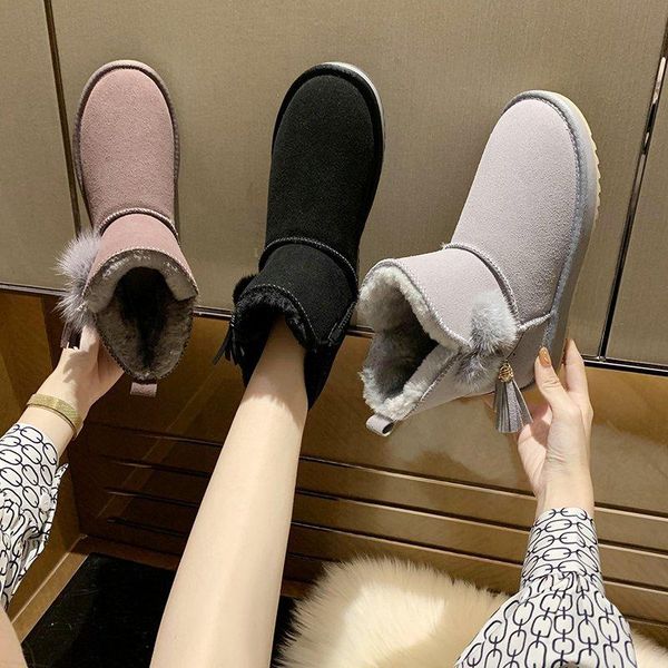 

замша снега сапоги женская обувь 2020 плюшевые ботильоны зимние теплые ботинки из натуральной плоской платформой женщины короткие добыч, Black