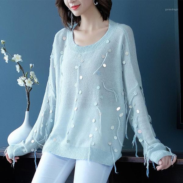 

fashion blue round neck long sleeve tassel sequined knit plus woman wool sweater casual simple fashion tide autumn new td1791, White;black