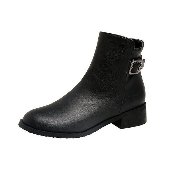 

2021 new pu leather ankle keep warm round toe autumn winter women shoes square high heel short boots size 34-43 bm46, Black