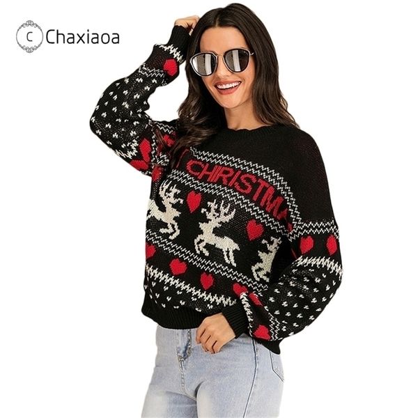 

chaxiaoa fashion women sweaters christmas ladies knitted pullovers long sleeve deer pattern wools winter warm sweaters x145 201221, White;black