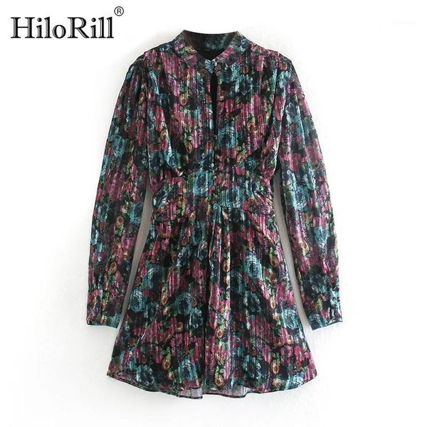 

hilorill floral print vintage mini dress stand collar retro pleated dress long sleeve hollow out boho vestido de mujer1, Black;gray