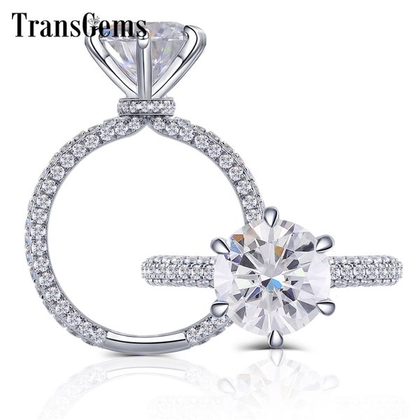 TRANSGEMS 14K 585 White Gold Centre 3ct 9mm f cor moissanite com acentos Anel de noivado para mulheres presentes de aniversário Y200620