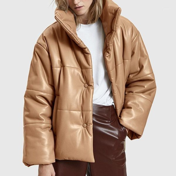 

women's down & parkas 2021 solid pu leather women fashion high imitation coats elegant thick cotton jackets female ladies c191, Black