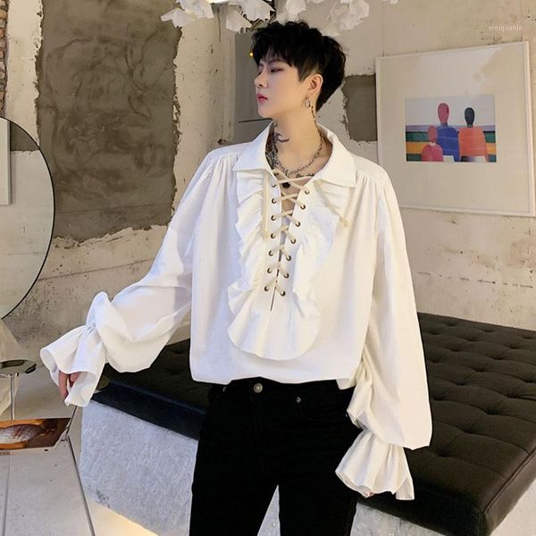 

men gothic style vintage fashion casual long sleeve pullover shirt male party dress shirt stage clothing1, White;black