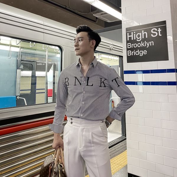 

daio ethan korean design autumn winter slim stripe letter embroidered casual shirt