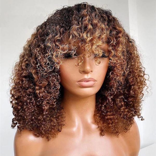 

peruvian bouncy curly fringe bob brown lace front human hair wigs with baby hair full lace wigs with bangs bleached knots 360 frontal, Black