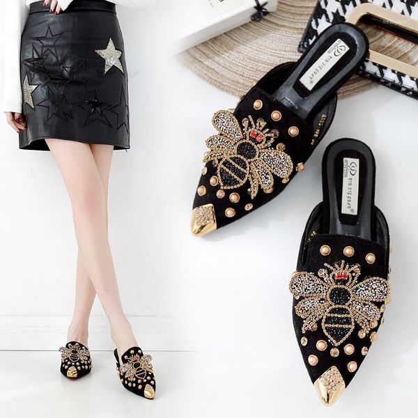 

2020 spring pointed toe women slipper fur sandals crystal bee female outside slides ladies mules shoes p4101, Black