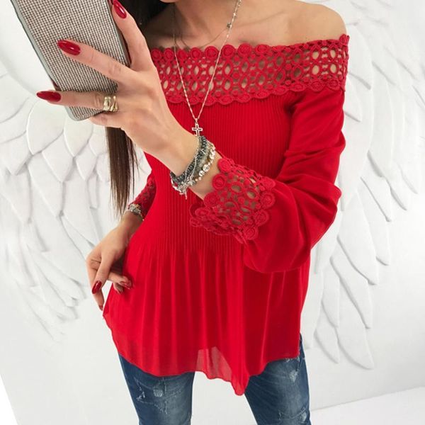 

women blouse shirts long sleeve pleated off shoulder blouses hollow out lace women shirts blusas ws5659m1, White
