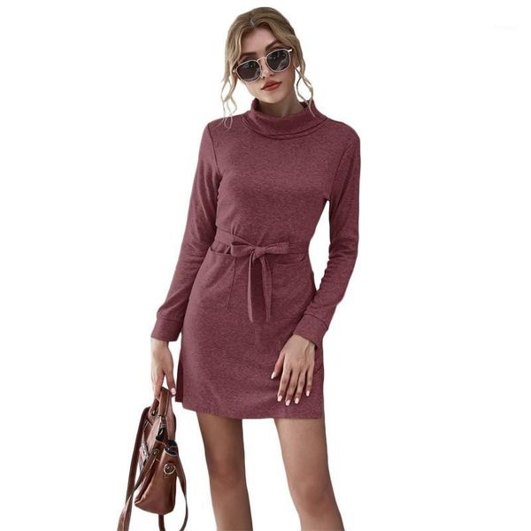 

turtleneck knitted autumn winter dress women elegant 2020 long sleeve have pockets lace up waist mini pencil dresses vestidos1, Black;gray