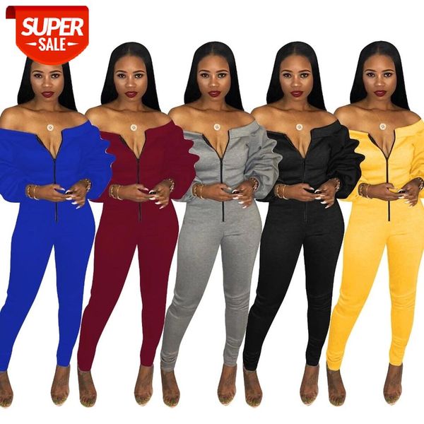 

plus size women slash neck jumpsuit zipper front solid collar pile sleeves bodysuit high elastic thicken space layer jumpsuit #7a9u, Black;white