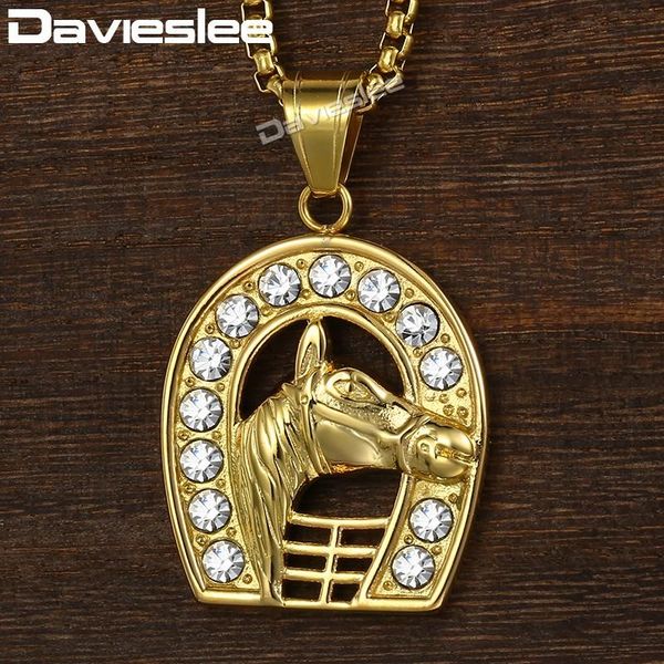 

horse pendant necklace for men box chain rhinestones stainless steel gold necklaces for men davieslee new dkn548, Silver