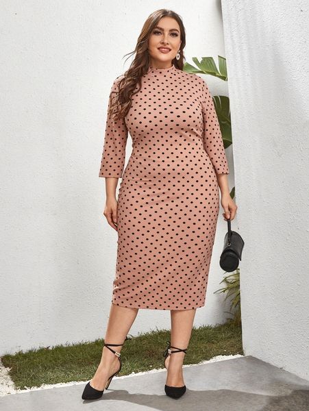 

plus mock-neck polka dot dress d3s9#, Black