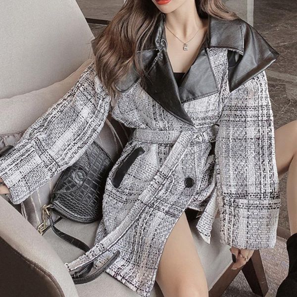 

women's wool & blends [ewq]2021 winter turn-down collar double breasted long-sleeved panelled plaid straight minimalist lace up woolen, Black