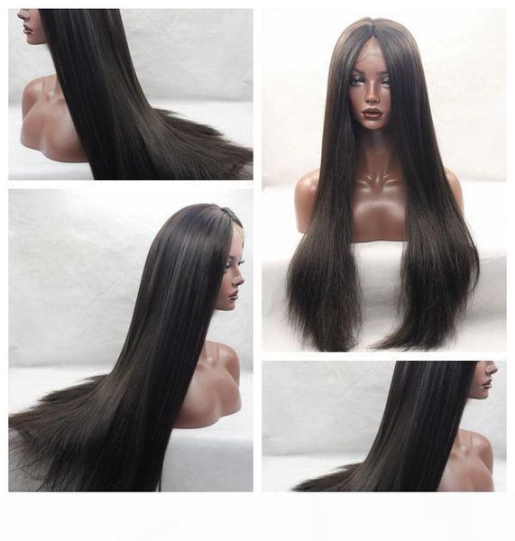 

high density natural looking brown yaki straight long wigs heat resistant glueless synthetic wigs lace front wigs with baby hair, Black