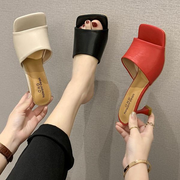 

2020 new summer fashion women slippers ladies pu square toe high heel slides sandals solid open toe shoes mules party, Black