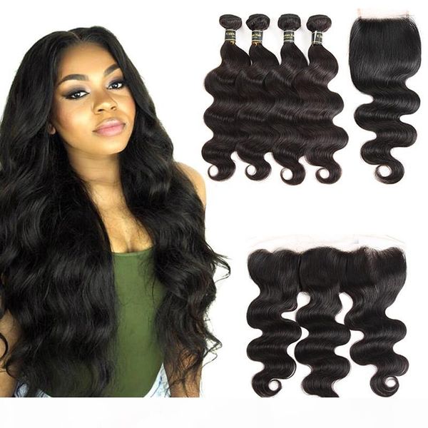 

est raw brazilian virgin hair body wave 4 bundles with frontal closure and human hair lace closure weaving body wave human hair bundles, Black;brown