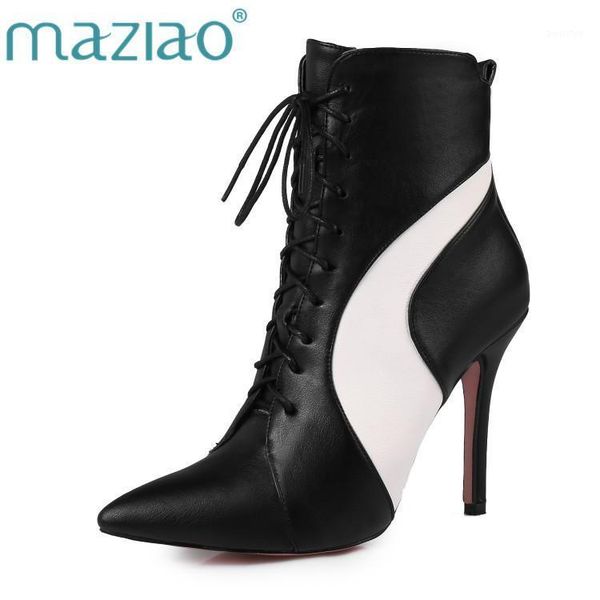 

boots maziao big size 34-47 ladies shoes women high heels pointed toe lace up leather ankle woman women1, Black