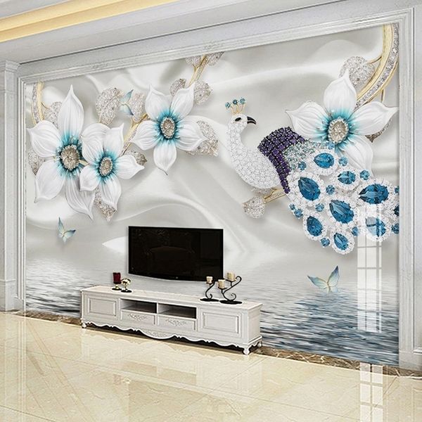 3D Photo White Flower Bijuteria diamante pavão Sala TV fundo Wall Art Waterproof Canvas Fabric Mural Wallpaper