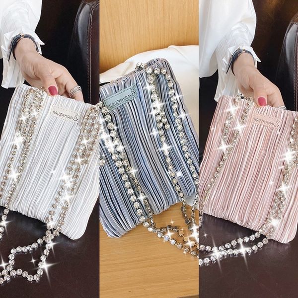 

sk4by small silk 2020 new fashion women inlaid chain handhand handbaghandbag korean single arm cross shoulder diamond pleated tote bag cfozr
