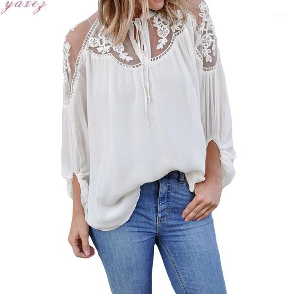 

lace mesh shirt embroidery patchwork women long sleeve chiffon blouse ladies loose shirts female plus size summer, White