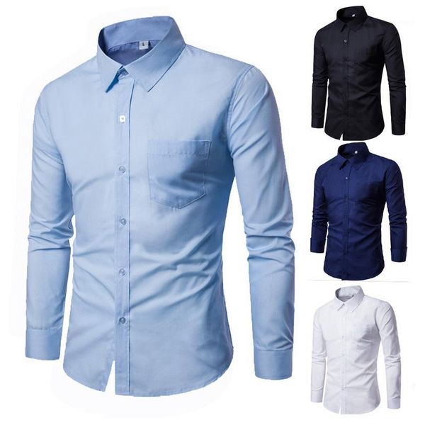 

men's casual shirts 2021 men dress shirt long sleeve slim brand man designer solid male clothing fit business dropship1, White;black