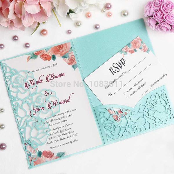 

ponatia 20 pcs laser cut invitations card for wedding bridal shower engagement birthday (tifny blue)1