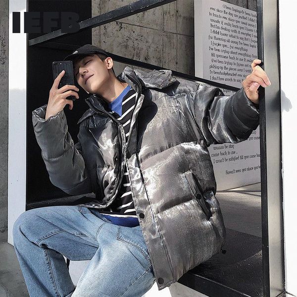 

iefb men's clothing shiny short korean cotton padded jacket hooded winter coat loose oversized warm clothes for male 9y4698, Black
