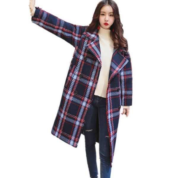 

women's wool & blends women autumn winter thicken warm plaid woolen coat adjustable waist overcoat female brand casual loose plus size, Black