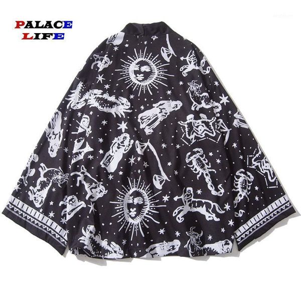 

men's casual shirts 2021 summer graffiti constellations print japanese kimono cardigan jackets japan style hip hop streetwear coats out, White;black