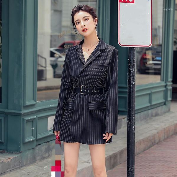 

2020 spring autumn new women korean jacket coats long sleeve striped office lady female ladies turn-down collar jacket with belt1, Black;brown