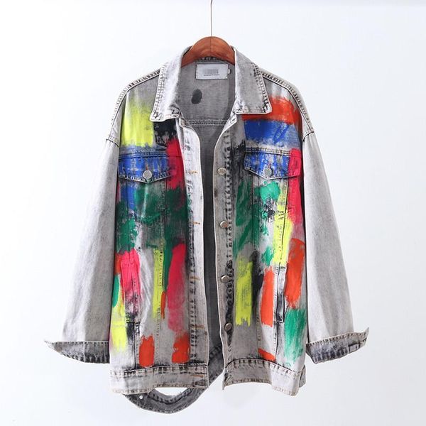

korean vintage graffiti print denim jacket women loose long bf holes jeans jacket modis chaqueta mujer 2020 autumn veste femme1, Black;brown