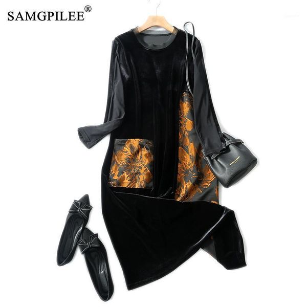 

winter clothes women 2021 office lady a-line print full sleeve korean style dress plus size pockets empire o-neck woman dresses1, Black;gray