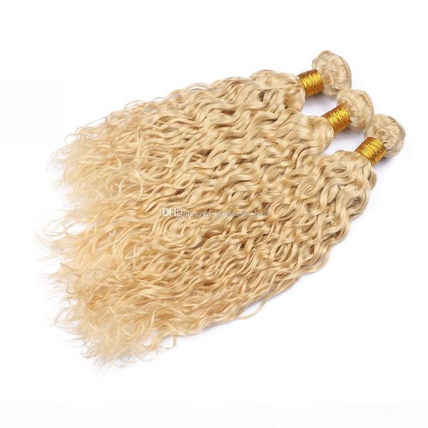 

blench blonde 613 wet and wavy hair weft extensions 10-30 inch color 613 blonde human hair weave water wave hair bundles, Black