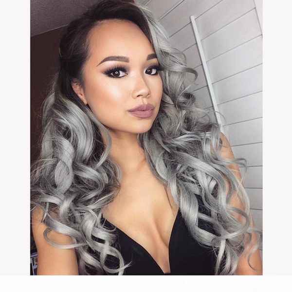 

9a grade hair wig brazilian glueless full lace wigs #1b grey ombre body wave human hair lace front wigs black women, Black;brown
