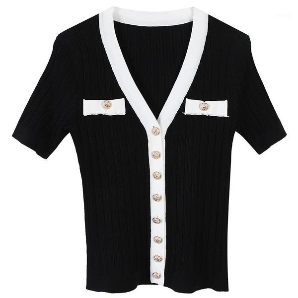

gruiiceen 2020 summer new single breasted slim sweater cardigans woman fashion short sleeve v neck sweater jacket1, White