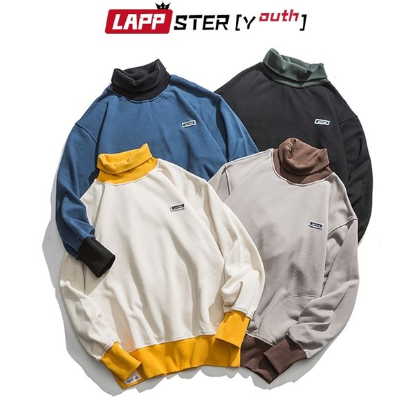 

lappster-youth men turtleneck hoodies mens color bock streetwear sweatshirts male korean fashions hip hop loose hoodies 201027, Black