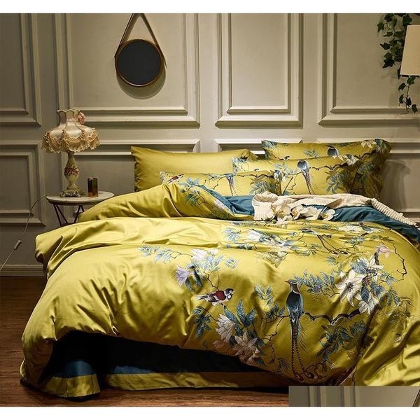 

4pcs silky egyptian cotton yellow chinoiserie style birds flowers duvet cover bed sheet fitted sheet set king size  bedding set 2c2i6