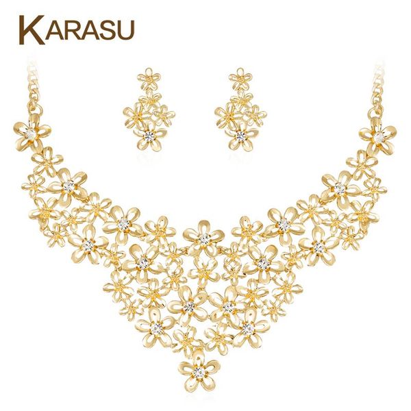 

Shiny Rhinestones Gold-color Flowers Luxurious Necklace Earrings Fashion Jewelry Set Bride Wedding Party Accessories, Silver