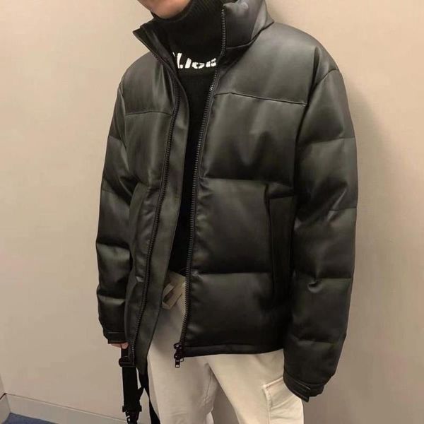 

m-3xl autumn winter warm men 's down cotton jacket coat 2020 casual puffer coat thick parka male pu leather coats, Black