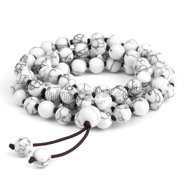 

8mm men women prayer strands beads bracelet black line white turquoises natural stone mala necklace handmade knot yoga jewelry bracelets