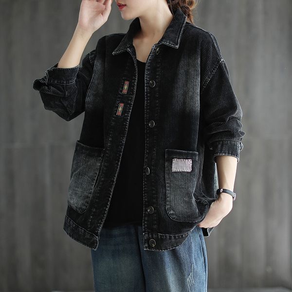 

qi engraves the autumn new corduroy women's coat short coatwick short coat solid color versatile loose long sleeve casual women's, White;black